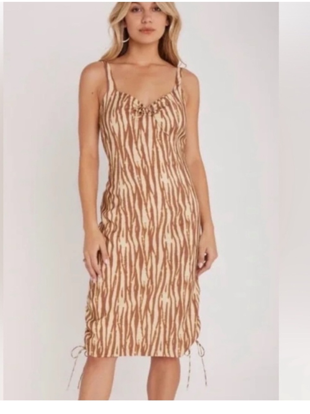 Backyard Roses Zebra Print Midi Dress S NWT Adjustable Ruched Hem